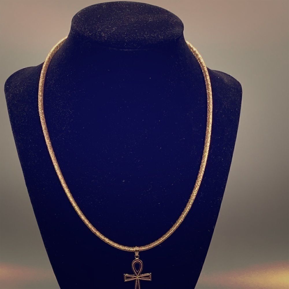 14k gold mesh necklace and Egyptian Cross